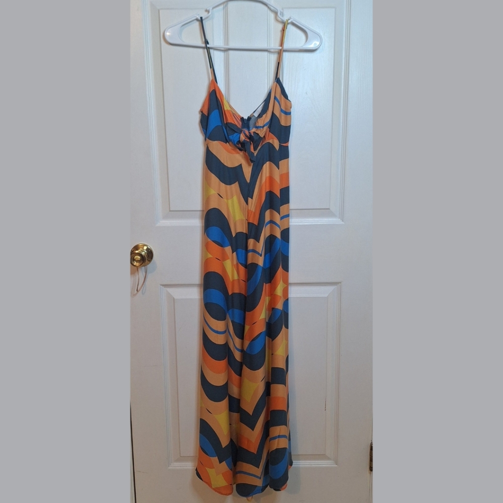 Olivaceous Orange Blue Wavy Geometric Print Tie Bust Maxi Dress Sundress Size S